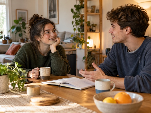 Duas pessoas conversando à mesa, tomando café